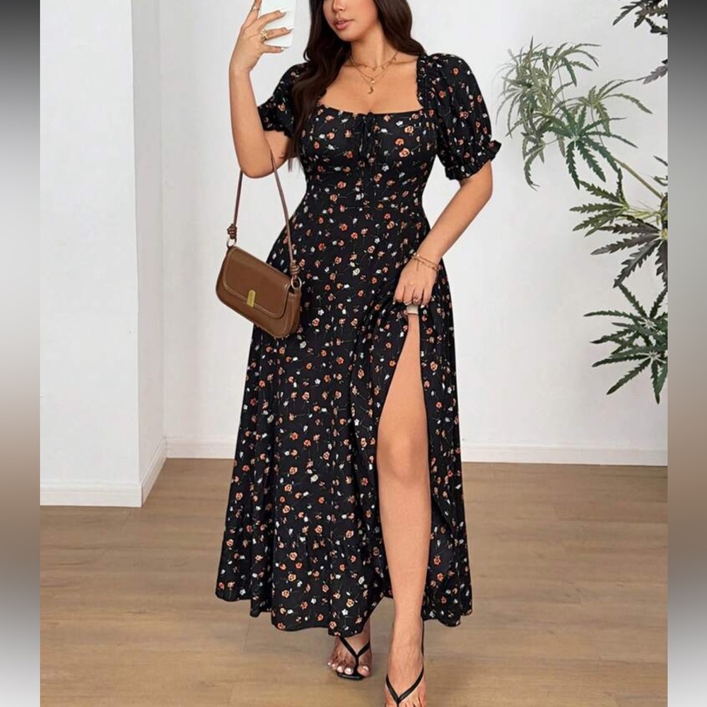 Black Floral Puff-Sleeve Midi Dress with Side Slit